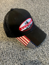 Load image into Gallery viewer, Black cap with a logo and American flag d
